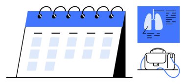 Spiral ciltli takvim, akciğer diyagramı ve steteskoplu çanta gösteren tıbbi rapor. Sağlık hizmetleri yönetimi, tıbbi randevu programı, doktor araçları, klinik için ideal