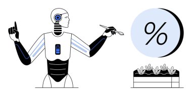 AI robot pointing and painting with a brush, abstract percentage sign, small plants growing in pot. Ideal for technology, gardening, art, education, finance, innovation, sustainability themes. Line clipart