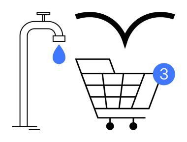 Tebligat balonlu alışveriş arabası, damlayan mavi musluk ve kuş sembolü. E-ticaret, tebligat, koruma, alışveriş, kamu hizmetleri, çevre bilinci için ideal