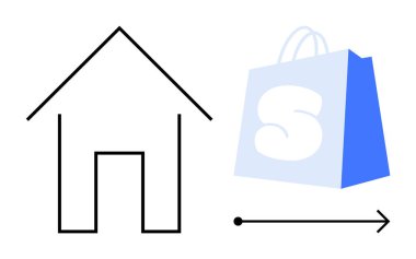 Basit ev taslağı ve oklu alışveriş çantası evden online alışveriş yaptığını gösteriyor. E-ticaret için ideal çevrimiçi perakende satış kolaylığı ev teslimatı modern yaşam. Minimalist renkli