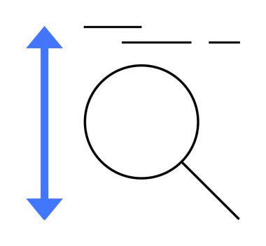 Büyüteç ve dikey mavi ok üzerinde çizgiler arama, analiz ve ölçüm anlamına gelir. Arama motoru optimizasyonu, analitik, araştırma, kalite kontrolü ve veri için ideal