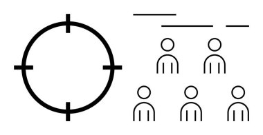 Hedef sembol, altı insan figürünün yanında üç çizgi farklı öncelikleri gösteriyor. İş stratejisi, pazarlama odağı, müşteri segmentasyonu, proje yönetimi, askere alma için ideal