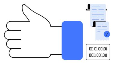 Baş parmağı işaretli bir el, işaretli bir belge ve ikili sayılar. Dijital onay, doğrulama, çevrimiçi onay, güvenlik ve veri şifreleme için ideal. Basit vektör biçimi