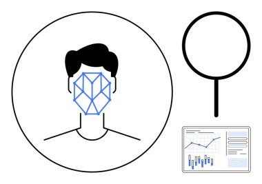 Yüz tanıma teknisyeni geometrik yüz haritalama ile tasvir edildi. Eşlik eden büyüteç ve analitik grafikler. Yapay zeka teknolojisi, güvenlik, veri analizi, teknoloji eğitimi, dijital kimlik için ideal