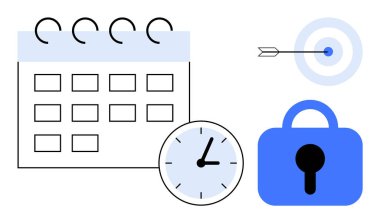 Takvim, saat, merkezinde ok olan bir hedef, ve mavi ve siyaha kilitlenin. Teslim tarihi yönetimi, hedef belirleme, zaman izleme, verimlilik ve güvenlik için ideal. Minimalist vektör