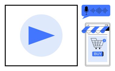 Mavi çalma tuşu, ses arama simgesi ve akıllı telefondan satın alma düğmesi olan bir alışveriş arabası. Çevrimiçi alışveriş, dijital pazarlama, e-ticaret, multimedya içeriği ve teknoloji için ideal