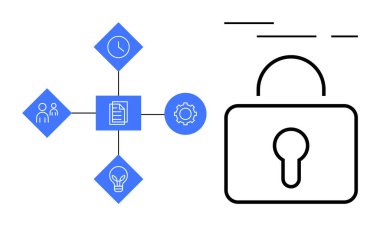 Saat, insan, dişli ve ampul ikonlarına bağlı belge simgesi, bir asma kilit sembolünün yanında iş etkinliğini, yeniliği ve takım çalışmasını temsil ediyor. Siber güvenlik ve kurumsal strateji için ideal.