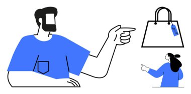 Sakallı bir adam ve alışveriş torbasını işaret eden bir kadının olduğu soyut sanat tarzı. Alışveriş temaları, tüketim temaları, reklamcılık, e-ticaret, pazarlama kampanyaları için ideal. Cesur minimalist stil