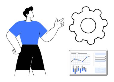İş adamı, ayarlar için bir metafor ve finansal tabloları gösteren bir ekran olarak bir vites sembolüne işaret ediyor. İş stratejisi, teknoloji entegrasyonu, mali analiz, işlemler için ideal