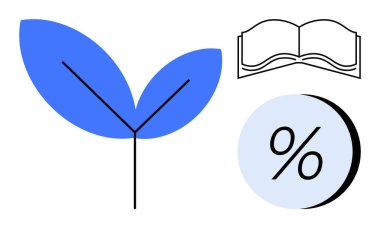 Büyümeyi sembolize eden mavi yaprak, bilgiyi temsil eden açık kitap ve ölçümü temsil eden yüzde sembolü. Eğitim, finans, çevre, iş, yenilik, kalkınma için ideal