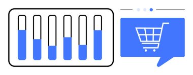Dikdörtgen bir çerçeve içinde dikey bar çizelgesinin yanında bir konuşma balonu içinde alışveriş arabası simgesi. E-ticaret, piyasa araştırması, satış analizi, müşteri geri bildirimi, iş stratejisi, veri