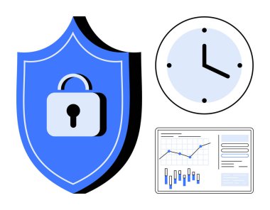 Güvenlik için asma kilit, zamanı temsil eden saat ve analiz için veri tablosu olan bir kalkan. Siber güvenlik, verimlilik, iş planlaması, proje yönetimi, kurumsal strateji, veri güdümlü
