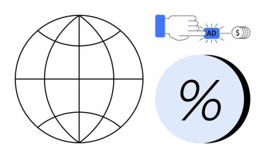 Küre ızgarası, mavi çemberdeki yüzde sembolü, para birimi sembollü reklam düğmesine tıklama. Küresel pazarlama, çevrimiçi reklamcılık, iş finansmanı ve uluslararası satışlar için ideal