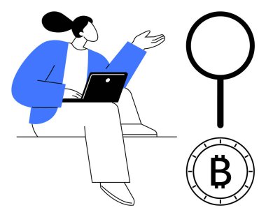 Dizüstü bilgisayar tutan kişi, el işareti, Bitcoin sembolü ve büyüteç simgesi. Engelleme zinciri, kripto para birimi, mali araştırma, çevrimiçi eğitim, fintech, veri analizi, dijital