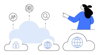 İnsanlar için ikonlu bulutları gösteren bir kadın, video, arama, güvenlik ve küresel internet. Teknoloji, bulut hesaplama, dijital iletişim, veri depolama, çevrimiçi güvenlik için ideal