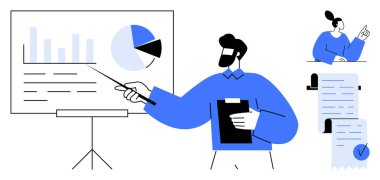 Ekranda grafiklerle veri sunan adam. Gözlemleyen ve not alan ikinci işçi. İş analizi için ideal, takım çalışması, sunumlar, veri görselleştirme, ofis ortamı. Basit düz biçim