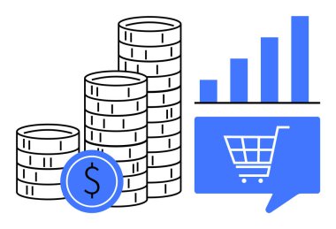 Bir bar grafiği ve alışveriş arabası ikonunun yanına istiflenmiş bozuk paralar. Finans, e-ticaret, iş büyümesi, yatırım stratejileri, piyasa analizleri, çevrimiçi alışveriş ve finansal planlama konuları için ideal. Çizgi