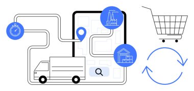 Kamyon güzergahlı dijital harita, kronometre, sanayi binası, depo, alışveriş arabası ve dairesel oklar e-ticaret lojistiği, tedarik zinciri yönetimi, dağıtım hizmetleri, sanayi hizmetleri için idealdir.
