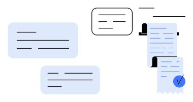 Makbuzlar ve belgelerle iç içe geçmiş farklı boyutlarda konuşma balonları. İletişim, belgelendirme, organizasyon, ticari işlemler ve bilgi alışverişi konulu konular için ideal