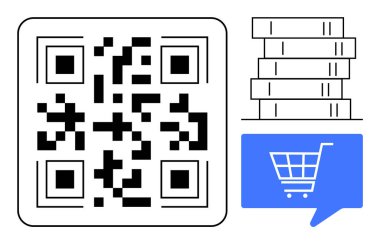 Beş kitap yığınının ve alışveriş arabası ikonlu mavi konuşma balonunun yanında soru cevap kodu. Çevrimiçi alışveriş, e-ticaret, dijital kütüphaneler, kitapçı uygulamaları, eğitim araçları, QR pazarlama için ideal. Çizgi