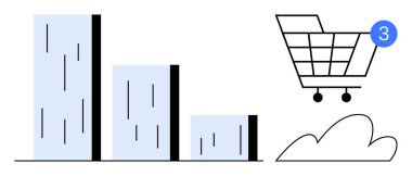 Boyu soldan sağa doğru azalan üç dikey çubuklu bar tablosu, tebligatlı alışveriş arabası simgesi ve bulut. İş, e-ticaret, istatistik, satış takibi ve pazarlama için ideal
