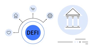 DEFI merkezi, ev, alışveriş arabası, teçhizat ve kalp ile merkez bankasına bağlı. Engelleme zinciri, finans, bankacılık, teknoloji, dijital pazarlama ve eğitim için ideal. Çizgi