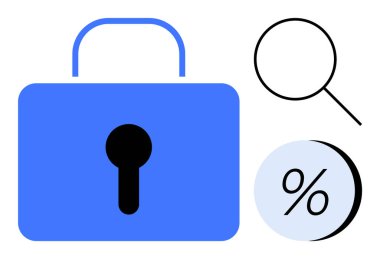 Büyüteç ve yüzde sembolünün yanında mavi kilit. Siber güvenlik, veri koruması, gizlilik, analitik, arama verimliliği, finansal analiz, çevrimiçi güvenlik için ideal. Satır metaforu