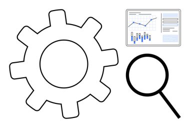 Vites sembolü, büyüteç ve teknik optimizasyon, analiz ve gelişmeyi gösteren veri tabanlı ekran. Mühendislik, veri bilimi, teknoloji, araştırma, iş verimliliği için ideal