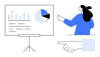 Ekranda çubuk ve pasta grafikleriyle veri sunan kişi. İş sunumları, veri analizleri, takım toplantıları, eğitim seminerleri ve pazarlama stratejileri için ideal. Modern minimalist stil