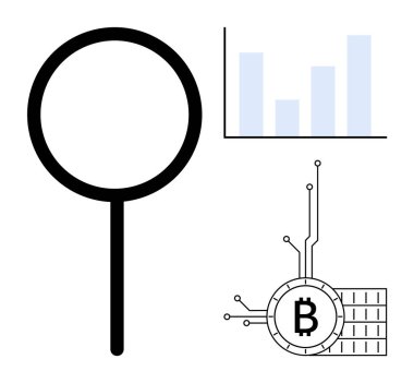 Sol çubuk grafiğindeki büyüteç sağ üst çeyrekte bağlı devre elementleri ile bağlı dijital Bitcoin sembolü olan farklı yükseklikteki mavi çubukları gösteriyor. Veri analizi için ideal