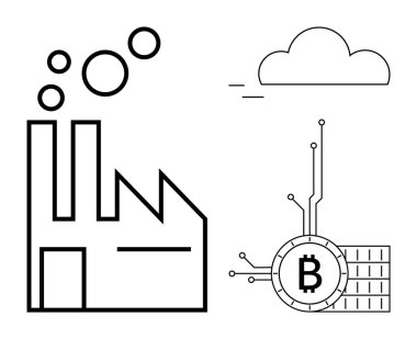 Dumanlı bir fabrikanın basit çizgisi, dijital Bitcoin tasviri ve bir bulut. Endüstriyel etki, kripto para birimi, teknoloji entegrasyonu, çevresel kaygılar, modern finans için ideal
