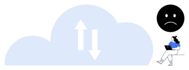 Yukarı aşağı okları olan dev bir bulut, mutsuz yüz ikonu, dizüstü bilgisayarlı bir kadın. Teknoloji stresi, çevrimiçi depresyon, uzak çalışma zorluğu, veri sıkıntısı, bulut teknolojisi, akıl sağlığı için ideal