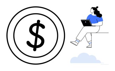 Laptop kullanan bir kadın, büyük dolar işaretinin yanında oturuyor. Çevrimiçi iş için ideal, finansal başarı, ev işi, dijital ekonomi, e-ticaret, serbest ticaret, yatırım temaları. Satır metaforu