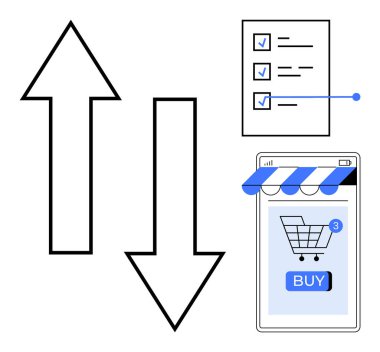 Siyah oklar yukarı ve aşağı işaret ediyor. Mavi işaretli kontrol listesi. Akıllı telefon alışveriş arabası ve satın alma düğmesi tasvir eder. Ecommerce, online alışveriş, dijital pazarlama, mobil uygulamalar, kullanıcı deneyimi için ideal