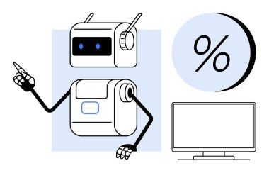 Bir bilgisayar monitörüne ve yüzde sembolüne doğru hareket eden gelecekçi robot. Teknoloji, otomasyon, veri analizi, finans sektörü, dijital pazarlama, yenilik ve eğitim için ideal
