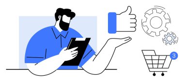 Dijital tableti tutan adam başparmak kaldırma simgesine doğru elini kaldırıyor. Alışveriş arabasının üç ihbarı var. E-ticaret, çevrimiçi alışveriş, müşteri geribildirimi, teknoloji, iş verimliliği için ideal