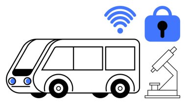 Basit bir otobüs çizimi, kablosuz sembol, kilit ve mikroskop. Ulaşım, teknoloji, eğitim, güvenlik ve bilimsel araştırma için ideal. Düz çizgiler. Bağlantıyı vurgular