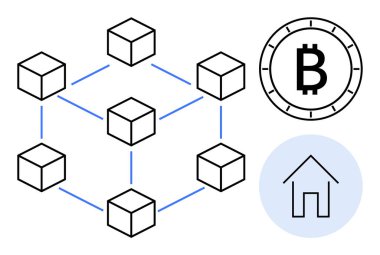 Birbirine bağlı küplerden oluşan blok zinciri dairesel çerçevede Bitcoin sembolü ve mavi daire içinde bir ev simgesi. Kripto para birimi, ademi merkeziyetçi finans, engelleme zinciri gibi konular için ideal