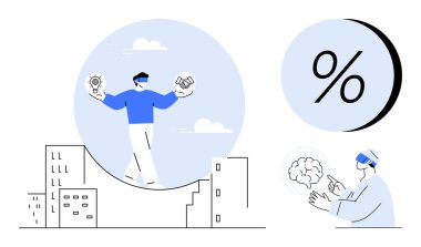 İş adamı ampul ve tokalaşma simgelerini şehrin üzerinde dengeler. VR kullanıcısı beyin grafiği ve yüzde işaretiyle etkileşime girer. Yenilik için ideal, iş stratejisi, teknoloji entegrasyonu, VR