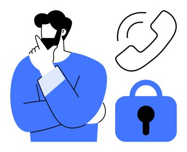 Bir telefon ikonu ve güvenlik kilidi sembolünün yanında duran düşünceli bir adam. İletişim, gizlilik, güvenlik, teknik destek ve bilgi koruması için ideal. Temiz minimalist biçim