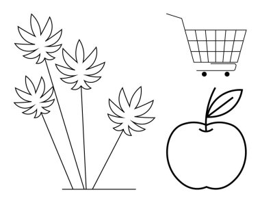 Üç bitkiden oluşan siyah-beyaz bir çizgi, bir alışveriş arabası ve yapraklı bir elma. Doğa, alışveriş, sağlıklı beslenme, minimalizm ve çevre dostu tasarımlar için idealdir. Basit minimalistik