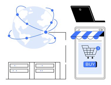 Ağ düğümleri, dizüstü bilgisayarlar, sunucu üniteleri ve online alışveriş arabasının görüntülendiği akıllı telefonlu dünya haritası küresel dijital ticareti vurguluyor. E-ticaret, küresel ticaret, teknoloji ve bulut için ideal