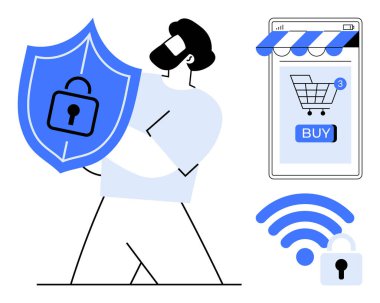 Bir kişi, veri korumasını temsil eden üzerinde kilit sembolü olan mavi bir kalkan tutuyor. E-ticaret arabası ve kablosuz güvenlik ikonu olan bir akıllı telefon görülebilir. Siber güvenlik ve online alışveriş için ideal.