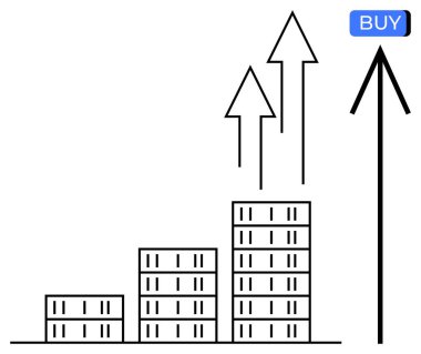 Growth chart with buildings of increasing height and upward arrows, highlighting economic growth and investment potential, accompanied by a BUY button. Ideal for financial analysis, investment clipart