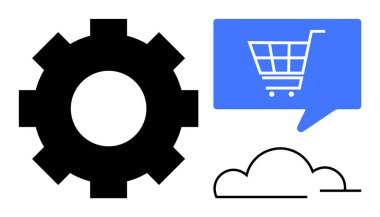 Alışveriş arabası, siyah dişli ve bulutlu mavi konuşma balonu. E-ticaret, bulut bilgisayarı, teknoloji, çevrimiçi alışveriş, dijital hizmetler, iş çözümleri, web geliştirme için ideal. Çizgi