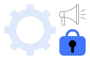 Ortasında kilit ve yanında da megafon olan bir vites sembolü. Teknoloji, güvenlik, iletişim, veri koruması ve sistem yapılandırması için ideal. İnce çizgiler ve düz stil