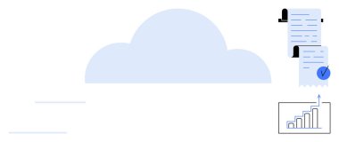 Merkezde büyük bulut, sağ üst köşesinde işaretli uzun bir belge ve altında da yukarı doğru eğilimli çizelge var. Bulut hesaplama, veri depolama, veri analizi, iş büyümesi ve uyum için ideal