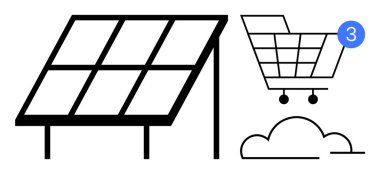 Güneş paneli, enerji kullanımı, tebligatlı alışveriş arabası, bulut sembolü. Yenilenebilir enerji, e-ticaret, çevrimiçi alışveriş, bulut depolama, sürdürülebilirlik, teknoloji entegrasyonu için ideal