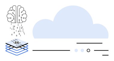 Beyin sembolü büyük bir bulut grafiğine bağlı bir çipin üzerine veri dağıtıyor. Yapay zeka, veri işleme, bulut hesaplama, teknoloji yeniliği, dijital dönüşüm, veri depolama için ideal