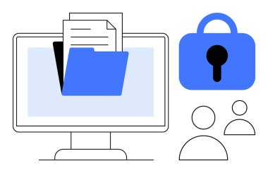 Masaüstü monitörü içinde belgeler olan mavi bir klasörü gösteriyor. Yanında güvenlik ve iki kullanıcı simgesini gösteren bir asma kilit sembolü var. Veri güvenliği, gizlilik koruması, bilgi yönetimi için ideal